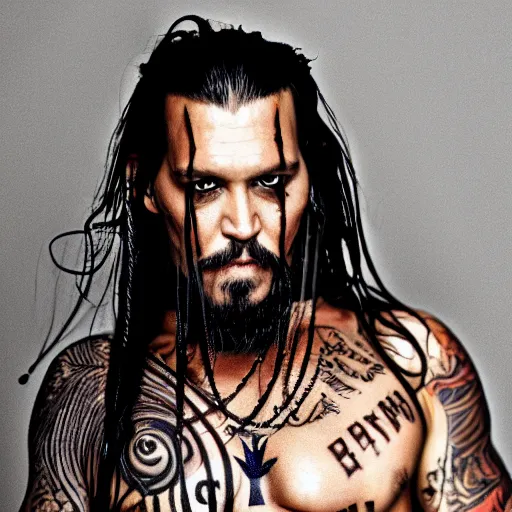 Image similar to portrait of johnny depp as khal drogo from games of thrones, mascular, broad shoulder, long beard with locks, very long straight hair, tattooed body, six packs, symmetrical, nikon 3 5 mm photography, ultrarealistic