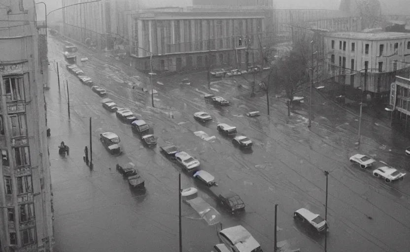 Image similar to 1990s historic footage of a sovietic street with pedestrians, aerial view from a drone, aerial view Cinestill 800t 18mm, heavy grainy picture, very detailed, high quality, 4k panoramic, rain, mud, foggy