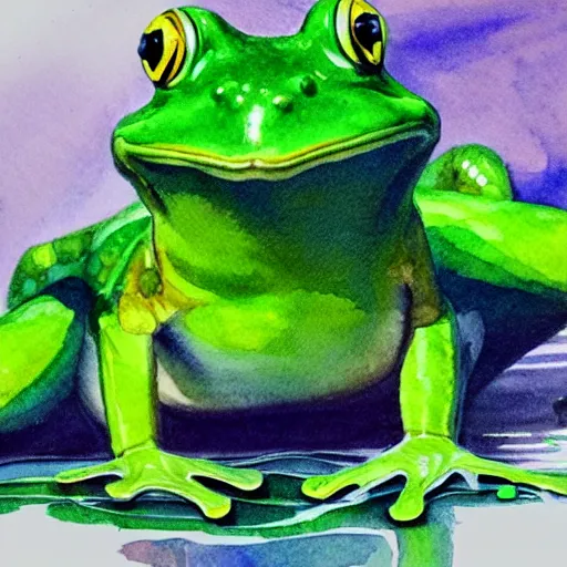 Prompt: water color on paper, frog hopping onto a lilly pad, highly detailed, artstation, masterpiece, award - winning,