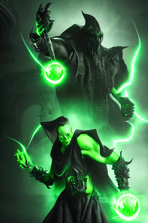 Prompt: character design, dark priest, green lightning, black halo, evil, power, green mist, scary, realistic, 3d, octane render, photorealistic, unreal engine, hellish background