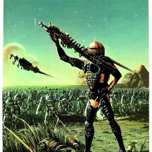 Prompt: sardaukar warrior on green planet, vintage sci - fi art, by bruce pennington