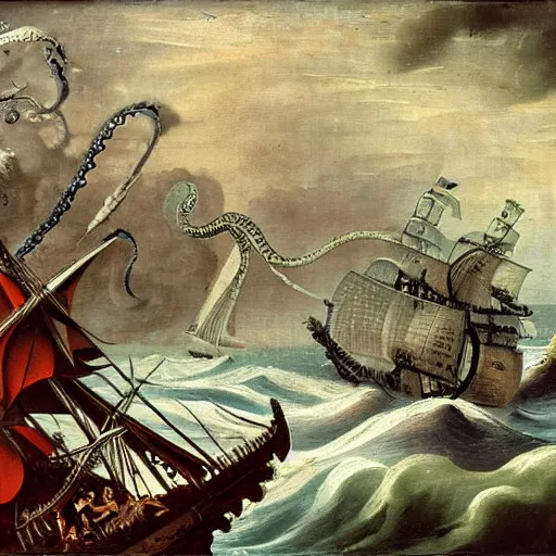 Image similar to kraken attacking a pirate ship in the ocean, renaissance oil painting, 8 k, highly ornate intricate details, extreme detail,