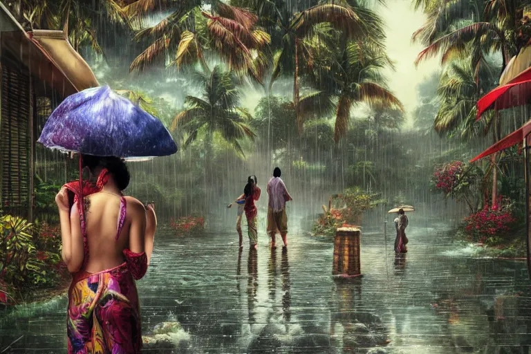 Prompt: ultra realistic illustration, photo, monsoon on tropical island, attractive oriental woman, back, ornate, beautiful, atmosphere, vibe, mist, coconuts, rain, wet, pristine, puddles, melting, dripping, creek, bridge, forest, roses, flowers, by stanley artgerm lau, thomas kindkade, art gta 5 cover