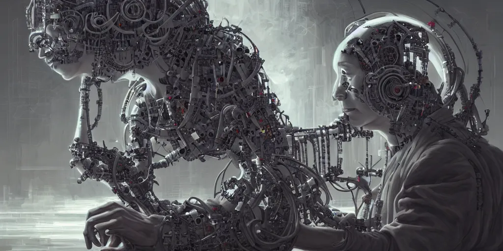 Image similar to hyperrealistic photography of a cyborg priest constructing a religious machine in the style of Jin Kagetsu, James Jean and wlop, highly detailed, masterpiece, award-winning, sharp focus, intricate concept art, ambient lighting, 8k, artstation