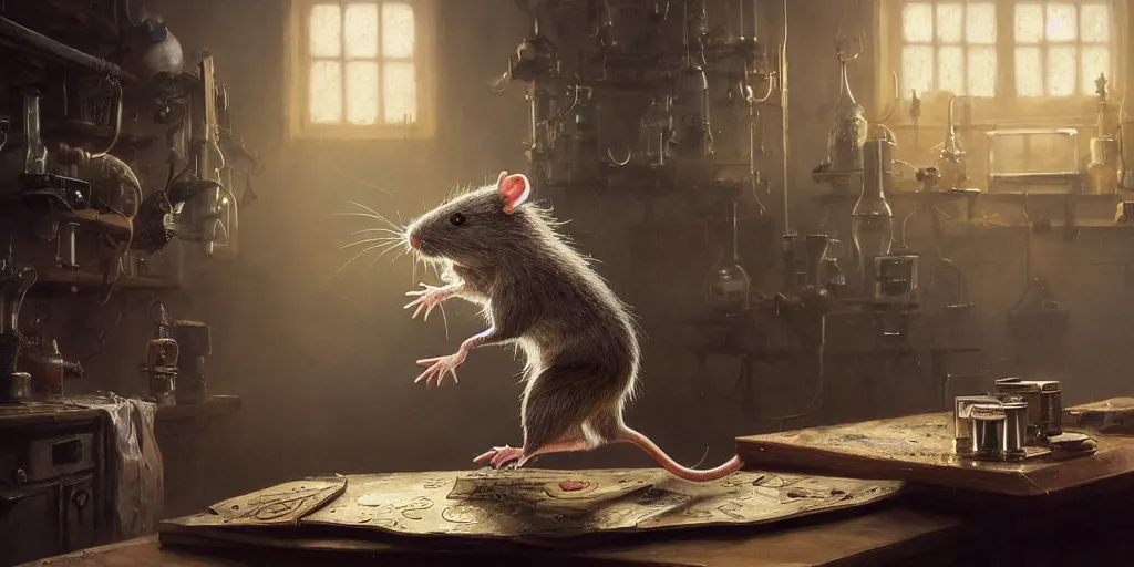 Image similar to highly realistic intricate rat standing on a desk in a laboratory with lots of flasks filled with magic liquids and poisonous fog, stephen bliss, unreal engine, fantasy art by greg rutkowski, loish, rhads, ferdinand knab, ilya kuvshinov, rossdraws, tom bagshaw, global illumination, radiant soft light, detailed and intricate environment