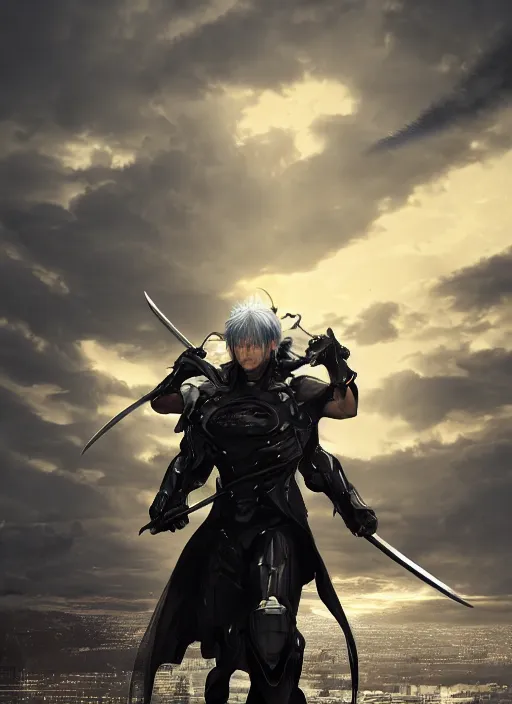 Image similar to a photorealistic hyperrealistic render of a raiden metal gear rising revengeance wielding a katana sword and wearing a asian conical hat, huge lightning from his hands, greg rutkowski, wlop, artgerm, dramatic moody sunset lighting, long shadows, volumetric, cinematic atmosphere, octane render, artstation, 8 k