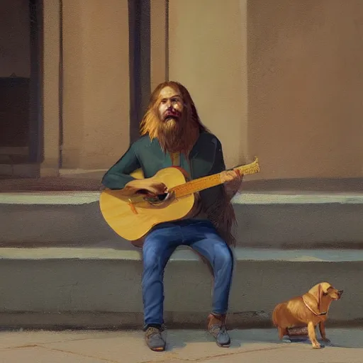 Image similar to oil painting of a young man with long hair blond and a beard hippie style with his golden retrever dog playing guitar in the square for money, people watching around, by greg rutkowski, artstation