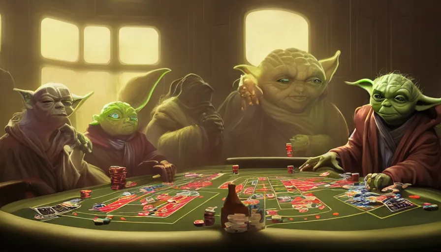 Prompt: Yoda playing poker with twi'leks at coruscant, rave, medium shot, details, sharp focus, illustration, by Jordan Grimmer and greg rutkowski, Trending artstation, pixiv, digital Art