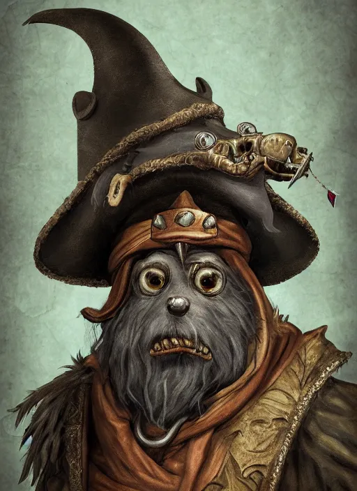 Image similar to anthropomorphic rat with human eyes and a gray beard, wearing jewelry, tricorne hat, green robe, skaven, warhammer fantasy, d & d, digital art, detailed face, highly detailed, trending on artstation, realistic