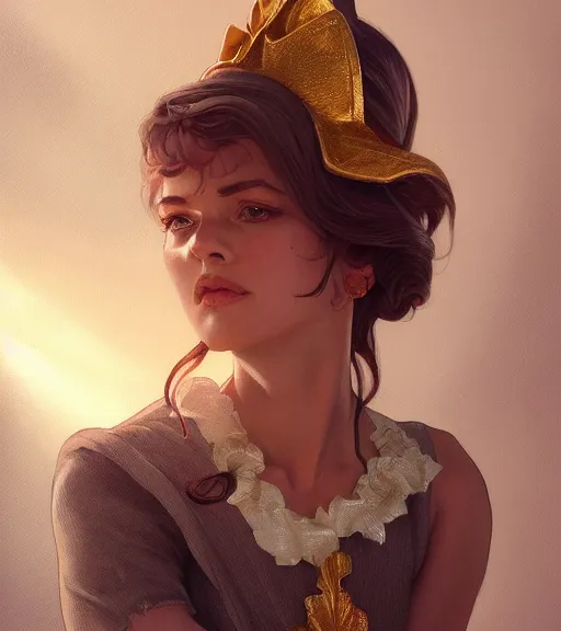 Image similar to a girl wearing a golden dress, grey hair, red necktie, cinematic, stunning, highly detailed, digital painting, artstation, smooth, hard focus, full body shot, illustration, art by artgerm and greg rutkowski and alphonse mucha