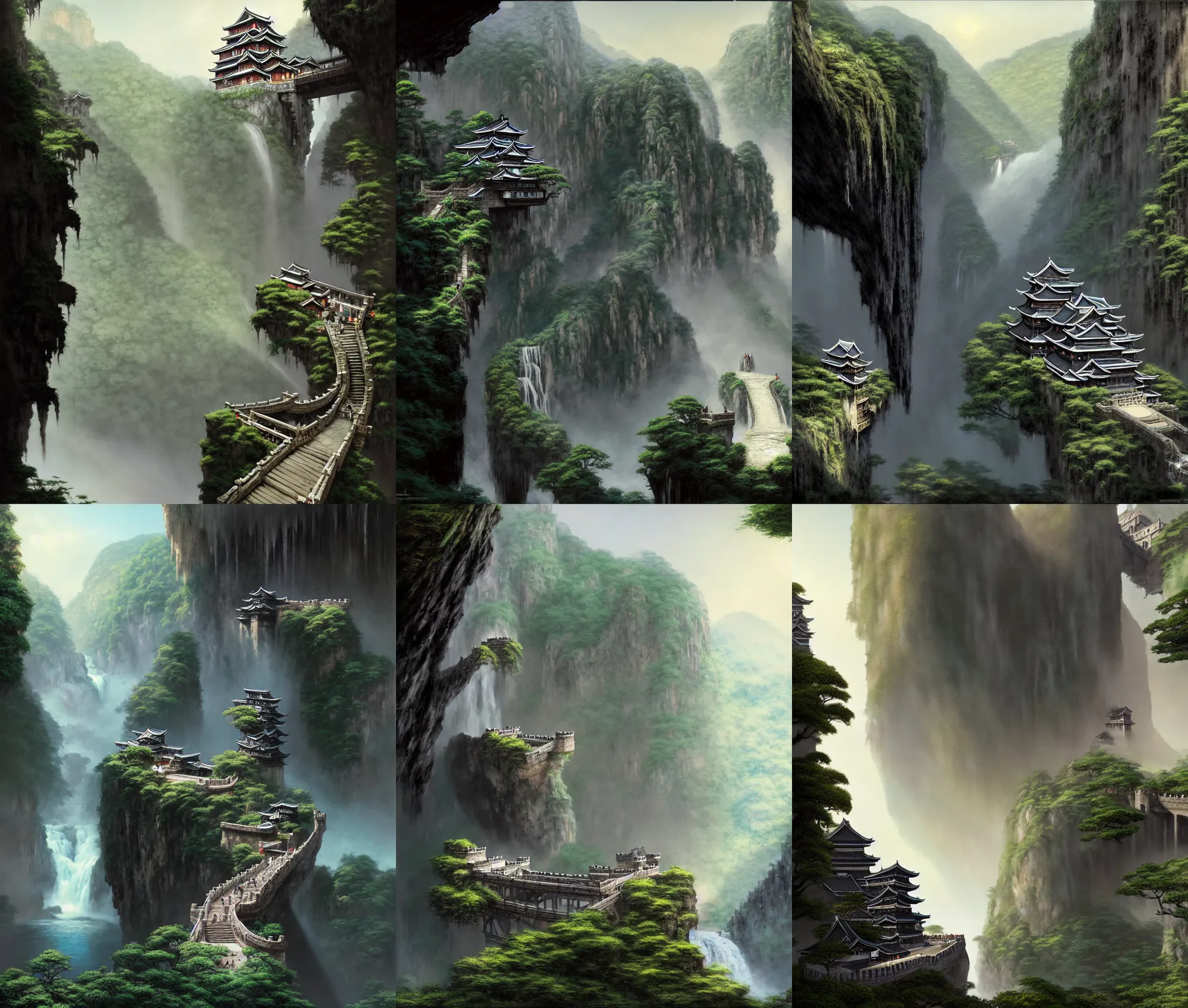 Prompt: establishing wide shot inside han son doong with waterfalls on either side of the cliff walls, at the top of the cliff is a japanese castle, a cloister is built into the cliff walls, an old suspension bridge spans the walls, sunny dawn lighting, detailed concept art by greg rutkowski and gerald brom and raphael lacoste, unreal engine, octane render, detailed textures