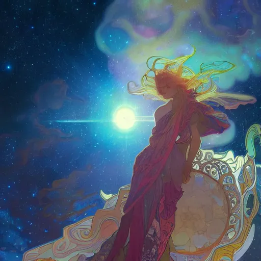 Image similar to highly detailed digital of colorful nebulas, planets in the background, highly detailed, intricate design, cinematic view, 8 k resolution, artstation by alphonse mucha, moebius, krenz cushart