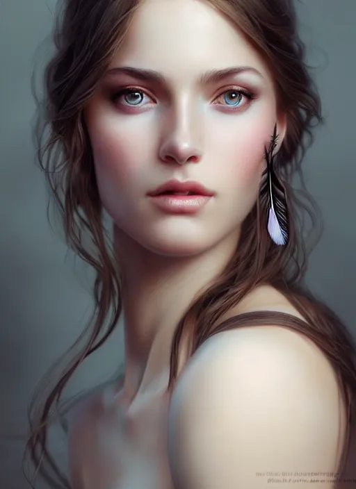 Prompt: a gorgeous female photo, professionally retouched, soft lighting, wearing a feather dress, realistic, smooth face, perfect eyes, wide angle, sharp focus on eyes, 8 k high definition, insanely detailed, intricate, elegant, art by artgerm and greg rutkowski and mark hill