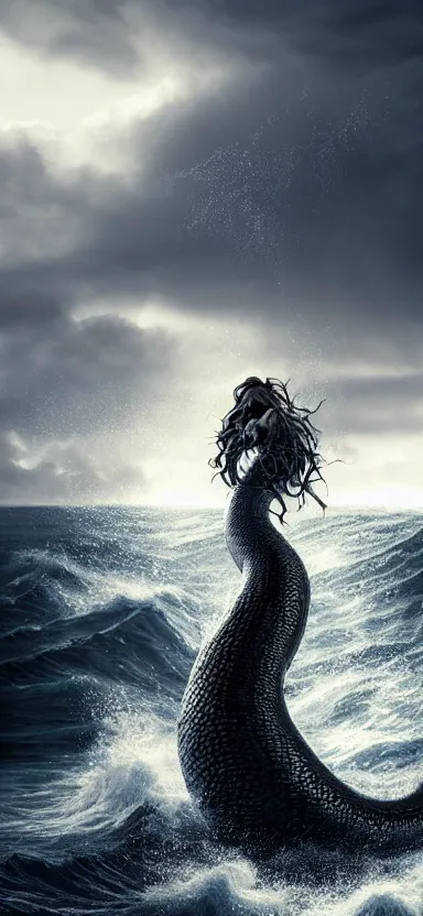Prompt: giant serpent made of water, made of liquid, rising up from ocean, water armor, high detail, high contrast, close up portrait, studio lighting, stormy seas, beautiful, bokeh, snowy, storm clouds, god rays, d & d, fantasy, elegant, aquamarine color palette, concept art, roger deakins and greg rutkowski and alphonse mucha