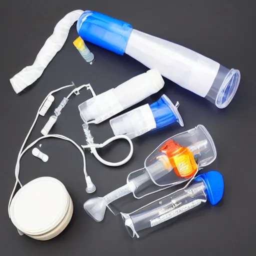 Image similar to music instrument similar to saxophone made out of clear tubing, syringes, urine collection bag, iv pole, fluid bag, nebulizer equipment