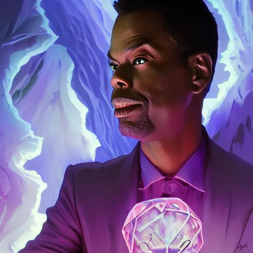 Image similar to chris rock as a necromancer glowing with purple magic, glacier landscape, d & d, fantasy, intricate, elegant, highly detailed, digital painting, artstation, concept art, matte, sharp focus, illustration, art by artgerm and greg rutkowski and alphonse mucha