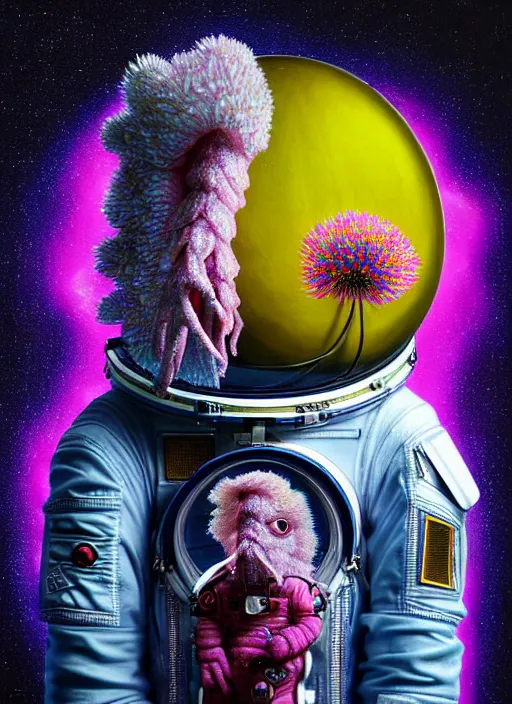 Image similar to hyper detailed 3d render like a Oil painting - kawaii portrait in spaceship (an astronaut with advanced suit like a skeksis from dark crystal that looks like millie bobby brown and Krysten Ritter) seen Eating of the Strangling network of yellowcake aerochrome and milky Fruit and His delicate Hands hold of gossamer polyp blossoms bring iridescent fungal flowers whose spores black the foolish stars by Jacek Yerka, Ilya Kuvshinov, Mariusz Lewandowski, Houdini algorithmic generative render, Abstract brush strokes, Masterpiece, Edward Hopper and James Gilleard, Zdzislaw Beksinski, Mark Ryden, Wolfgang Lettl, hints of Yayoi Kasuma, octane render, 8k