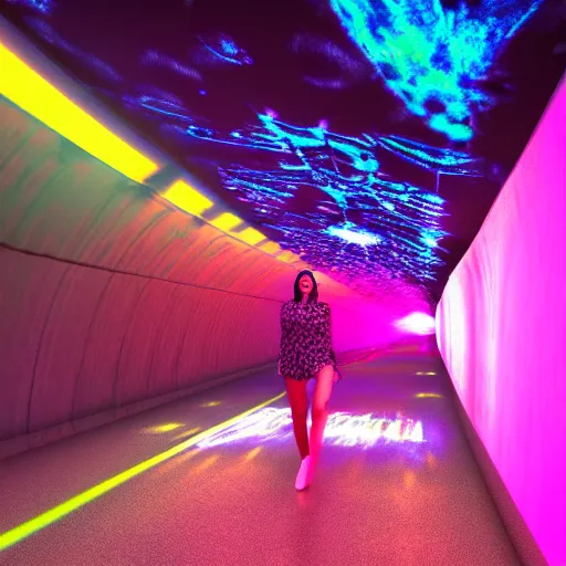 Prompt: woman on an acid trip through a tunnel, neon volumetric lights,