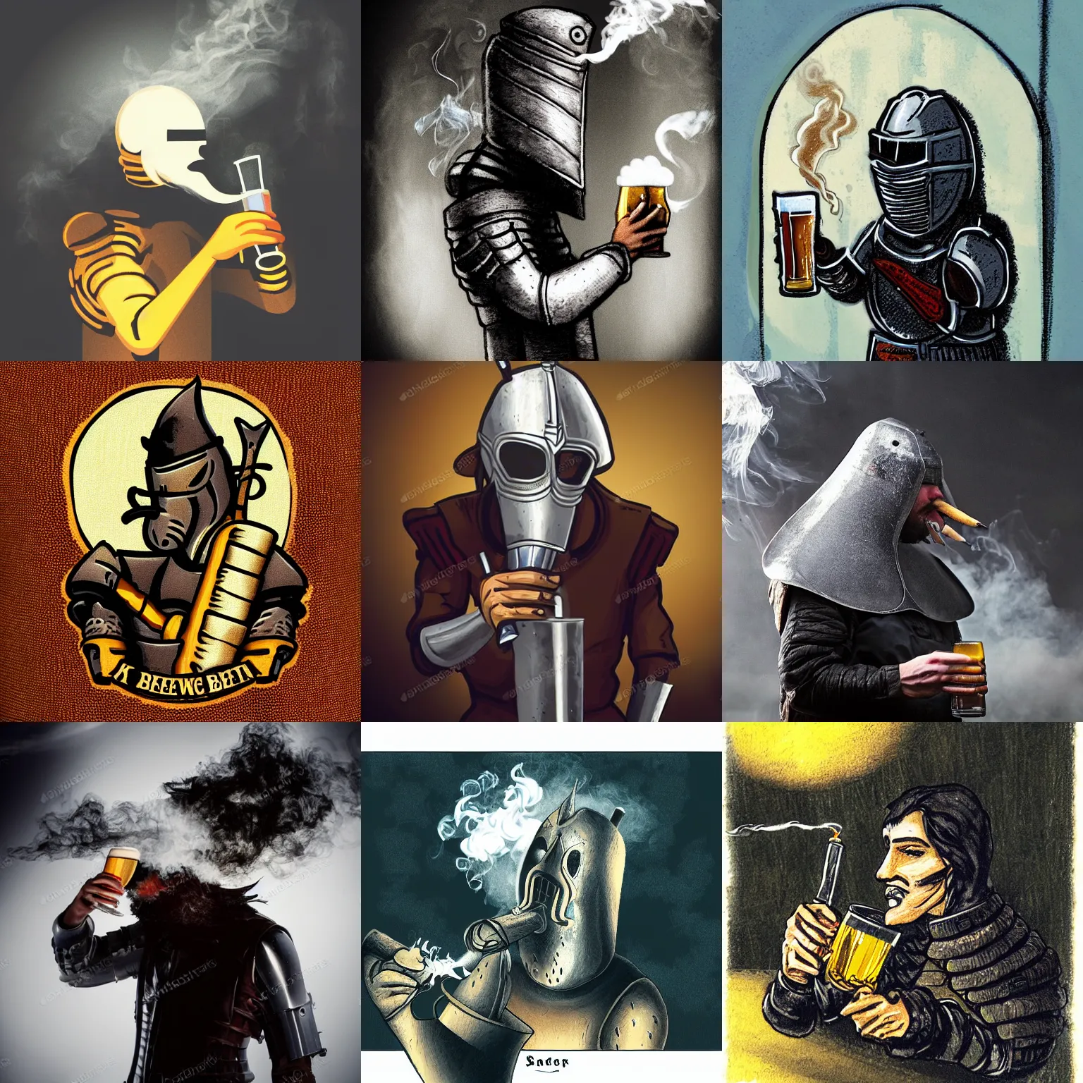 Prompt: knight drinks beer, smoke, fog