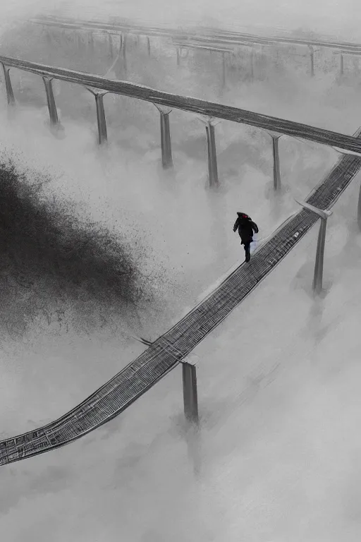 Prompt: Lonely homeless stalker walks across the bridge, over infinite soviet negastructure. Top down view. By jakub Różalski, detailed, hyper realistic, trending on artstation