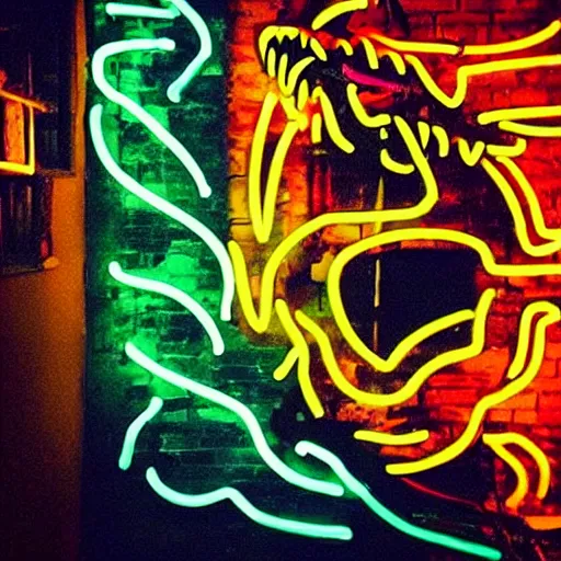 Image similar to “fire breathing dragon, neon graffiti, vivid colours”