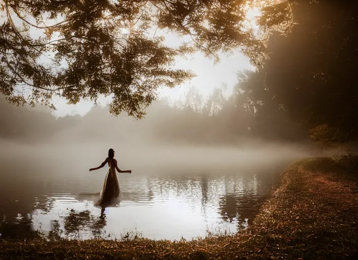 Image similar to a 2 8 mm holga photo of a woman in a formal gown emerging from a lake, misty, morning, splash art, movie still, bokeh, canon 5 0 mm, cinematic lighting, dramatic, film, photography, golden hour, depth of field, award - winning, anamorphic lens flare, 8 k, hyper detailed, 3 5 mm film grain