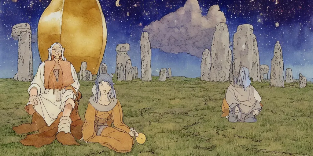 Image similar to a hyperrealist studio ghibli watercolor fantasy concept art of a giant medieval monk in lotus position and a small grey alien in stonehenge with a starry sky in the background. a giant gold ufo is floating in the air. by rebecca guay, michael kaluta, charles vess