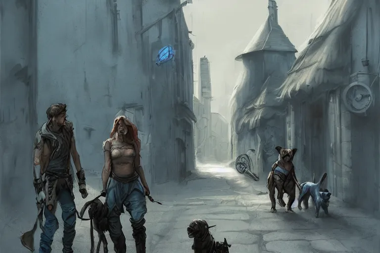 Prompt: a couple walking their dog in lourmarin, in mad max style, stargate, coriolios rpg art style, full of details, dark sci - fi, cold blue colors, matte painting, artstation, 8 k, hyperrealistic, style of peter mohrbacher