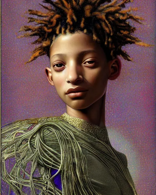 Prompt: close up of willow smith, with colourful intricate, by edgar maxence and caravaggio and michael whelan and delacroix style, artistic, intricate drawing, light brazen, realistic fantasy, extremely detailed and beautiful aesthetic face, 8 k resolution, dramatic lighting