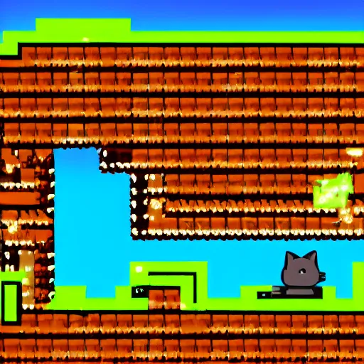 Prompt: a 2 d sprite platformer where a cat is jumping,