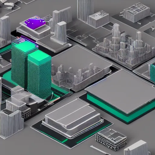 Image similar to a 3D render of an isometric motherboard city