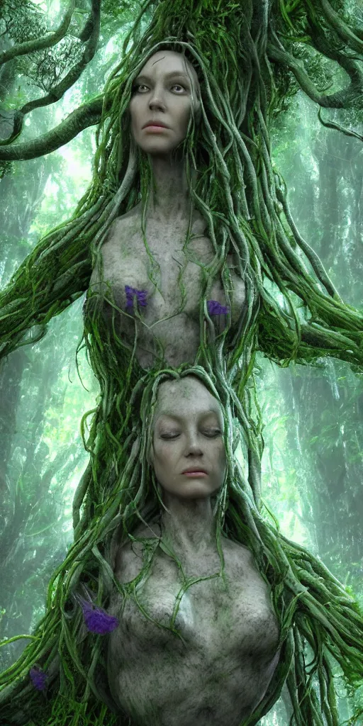 Prompt: an extraordinarily tall human mother nature with lavender hair, surrounded by a green forrest, moody , lovecraft, giger, ridley scott, zack snyder, Fenghua Zhong, realistic cinematic lighting, establishing action shot, ultra detailed, hyper realism, photo, octane render.
