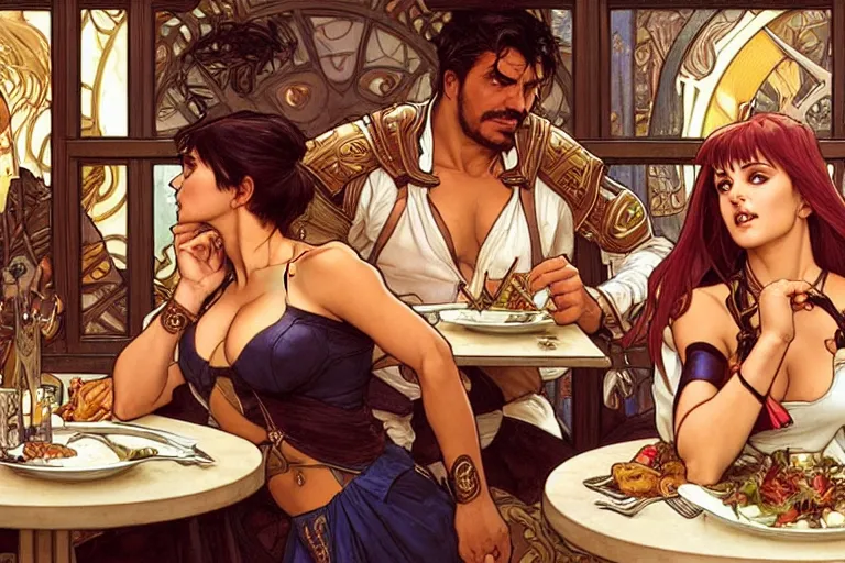 Image similar to xena warrior princess eating at a restaurant, with a hispanic man in a suit as her companion, art by artgerm and greg rutkowski and alphonse mucha