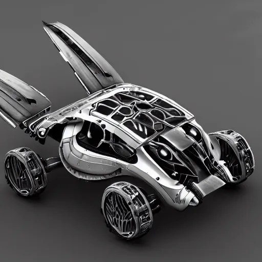 Prompt: futuristic cyborg flying car, robots, wheels, gears, metal, realistic, trending on artstation,