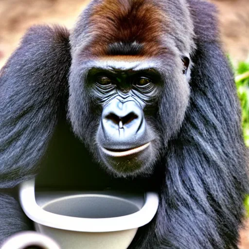 Prompt: gorilla poking its head out of a toilet, only the top half of its head is visible