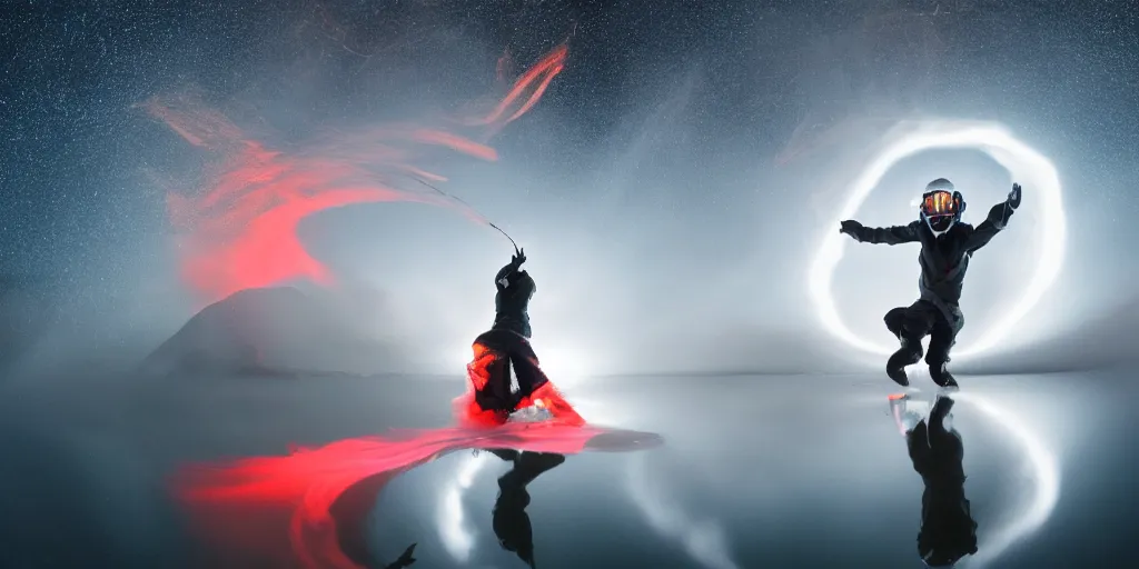 Image similar to fisheye slow motion with trail fire effect of futuristic break dancer wearing long dark cloak and golden helmet emitting fire, long exposure shot , enigmatic, at night in the middle of the arctic with red light A letter, paddle of water, steam, fog, water splashes, rim lights, glossy reflections, water droplets on lens, octane render, Volumetric dynamic lighting, stunning cover magazine, high details,