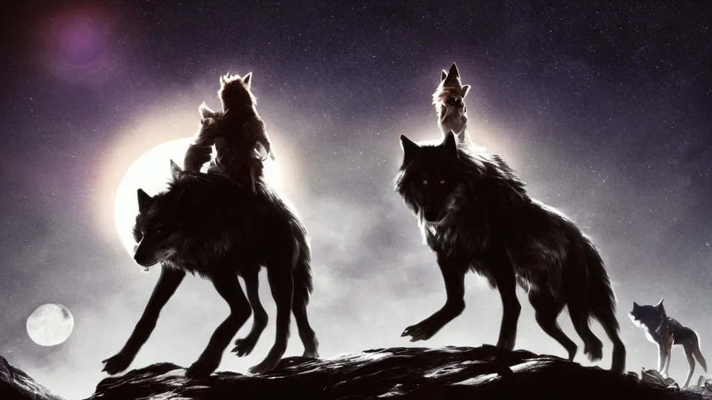 Prompt: epic cinematic shot of david bowie riding a wolf at night on a cliff with the moon in the background; artstation; deviantart; high quality trending