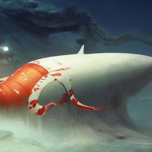 Image similar to subsurface scattering, white, giant submarine, koi colors only, octane render, jesper ejsing, justin gerard, james jean, tomasz alen kopera, cgsociety, fenghua zhong, makoto shinkai, highly detailed, rim light, art, cinematic lighting, very coherent, hyper realism, 8 k