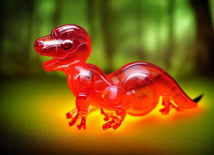 Prompt: photo of a translucent clear chibi style baby dinosaur made out of clear plastic, but has red hypercolor glowing electric energy inside its body, in the forest. fantasy magic style. highly detailed 8 k. intricate. nikon d 8 5 0 3 0 0 mm. award winning photography. design by pixar