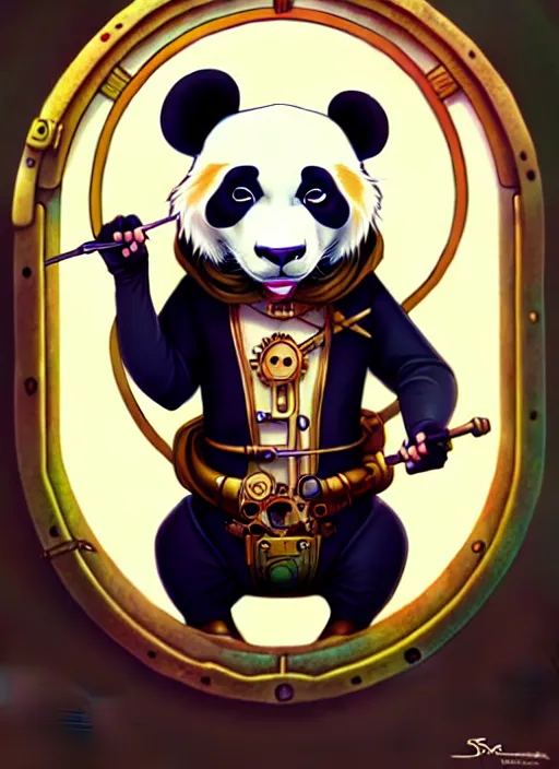 Image similar to don bluth, loish, artgerm, joshua middleton, steampunk, clockpunk anthropomorphic panda, full sailor suit, symmetrical eyes symmetrical face, colorful animation forest background