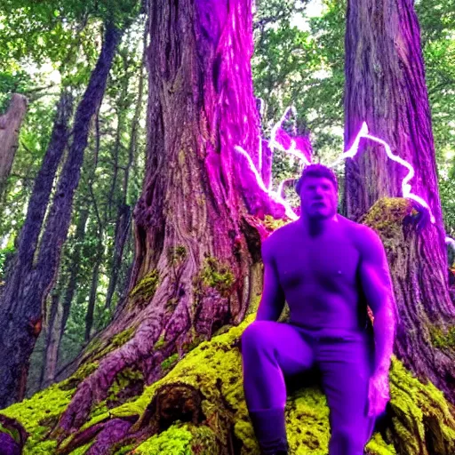 Image similar to thanos eating psilocybin mushrooms on the top of a tree glowing in florescent colors