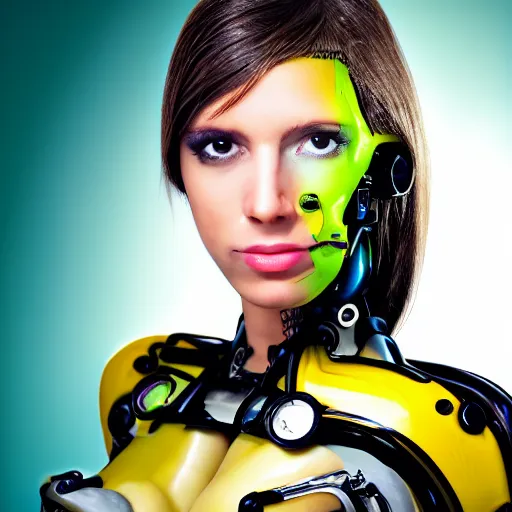 Prompt: portrait photo of a beautiful female cyborg she is a banana!