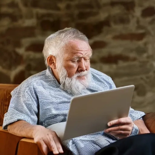 Image similar to old man sitting on a casket browsing internet on laptop from a casket casket