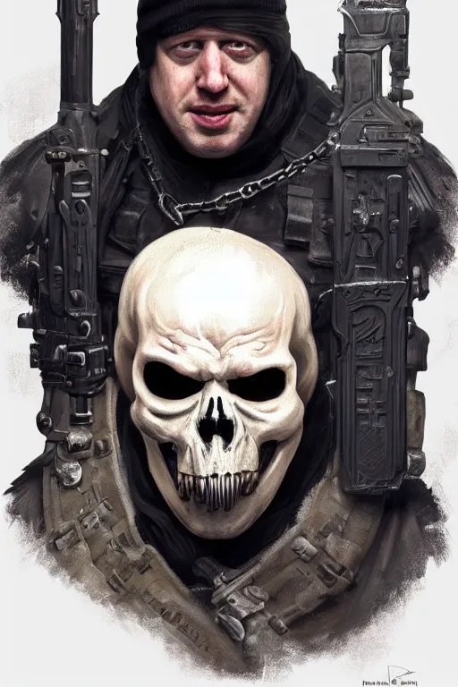 Prompt: Boris Johnson as Punisher with a skull on the armor plate, portrait,, highly detailed, digital painting, artstation, concept art, smooth, sharp focus, illustration, cinematic lighting, art by artgerm and greg rutkowski and alphonse mucha