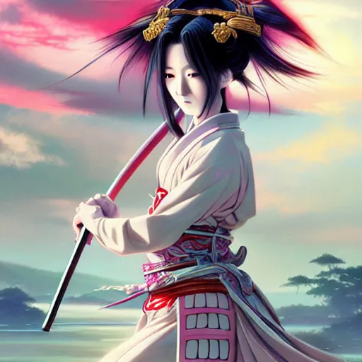 Image similar to beautiful anime samurai princess warrior scenery wallpaper aesthetic, pastel colors only, magical, cinematic, powerful, super detailed and intricate, elegant, hyper realistic, by artgerm, by kyoung hwan kim, by ralph mcquarrie, by yoshiyuki tomino