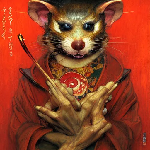 Prompt: a portrait of a male splinter ninja rodent mutant in a red kimono in the sewers. furaffinity furry art detailed face painting by gaston bussiere craig mullins jc leyendecker gustav klimt artgerm greg rutkowski furry