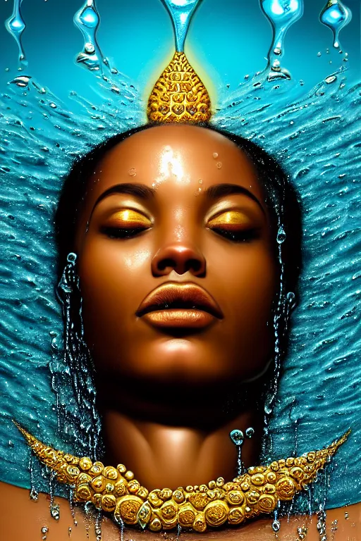 Image similar to hyperrealistic precisionist cinematic super expressive! oshun goddess immersed in water!, mirror dripping droplet, gold ornate jewely, highly detailed face, digital art masterpiece, smooth eric zener cam de leon, dramatic pearlescent turquoise light on one side, low angle uhd 8 k, shallow depth of field