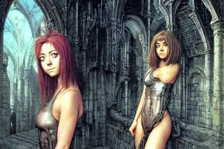 Image similar to cute young alyson hannigan with short hairs in medieval city by luis royo and wayne barlowe, beksinski