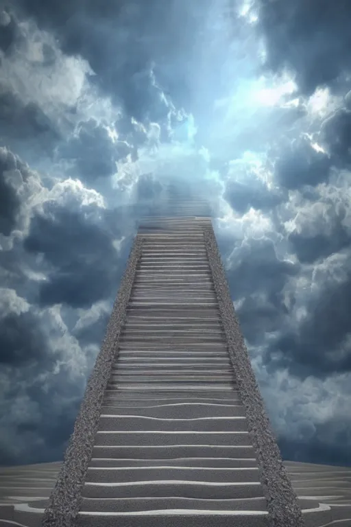 Image similar to infinite stairs rising to the heaven in the middle of the sky, concept art, octane render, unreal engine 5, digital painting, hyperrealistic, highly detailed, high quality, 8 k hdr, digital art, clouds in the sky, breathtaking view, path traced, god, godrays, beautiful, elegant, harmonious, complementary colors, natural lighting