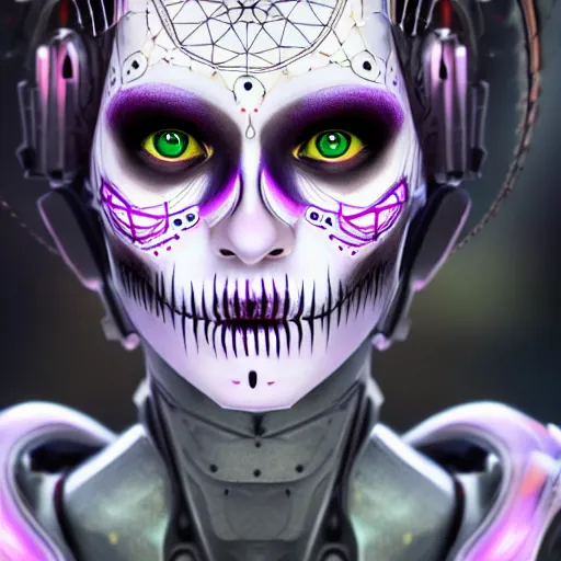 Prompt: ultra detailed, portrait of Female Android, dia de los muertos, scifi, cyberpunk, fantasy, intricate details, eerie, movie still, airbrush, matte painting, professional digital painting, artstation, concept art, smooth, sharp focus, no blur, no dof, extreme illustration, Unreal Engine 5, Photorealism, HD quality, 8k resolution, cinema 4d, 3D, beautiful, cinematic, art by artgerm and Godmachine and michael welan and DZO and greg rutkowski and alphonse mucha and loish and WLOP